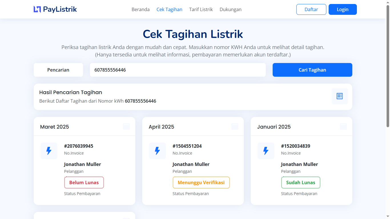 Tampilan antarmuka aplikasi Paylistrik v2